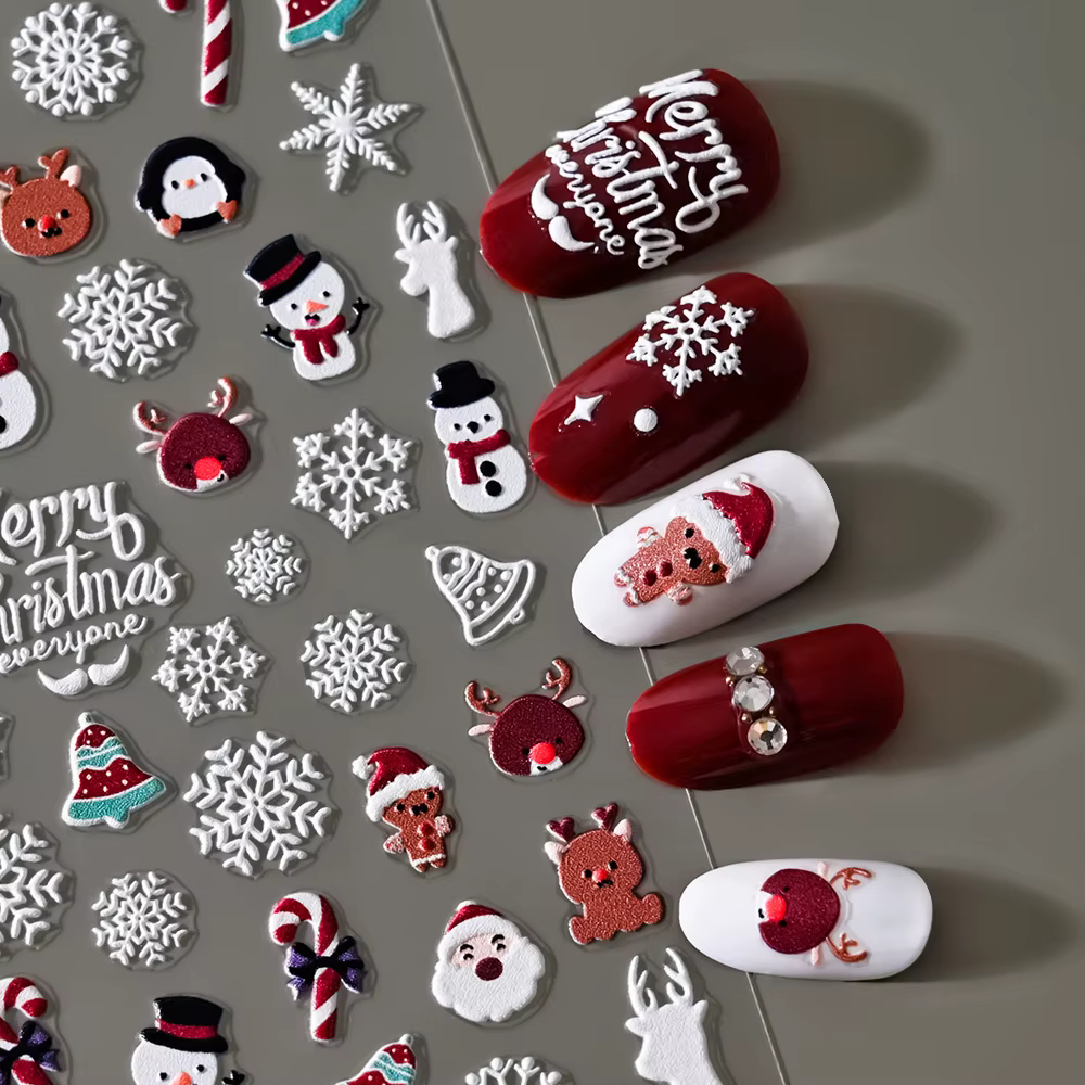 Autocollants pour ongles de noël 5D en relief bonhomme de neige flocons