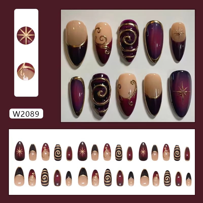 24 pièces lignes dorées modèles faux ongles violet foncé Blush français