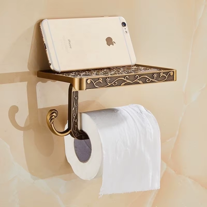 Support de papier toilette et de téléphone portable en bronze sculpté, style antique vintage, pour salle de bain, accessoire de rangement