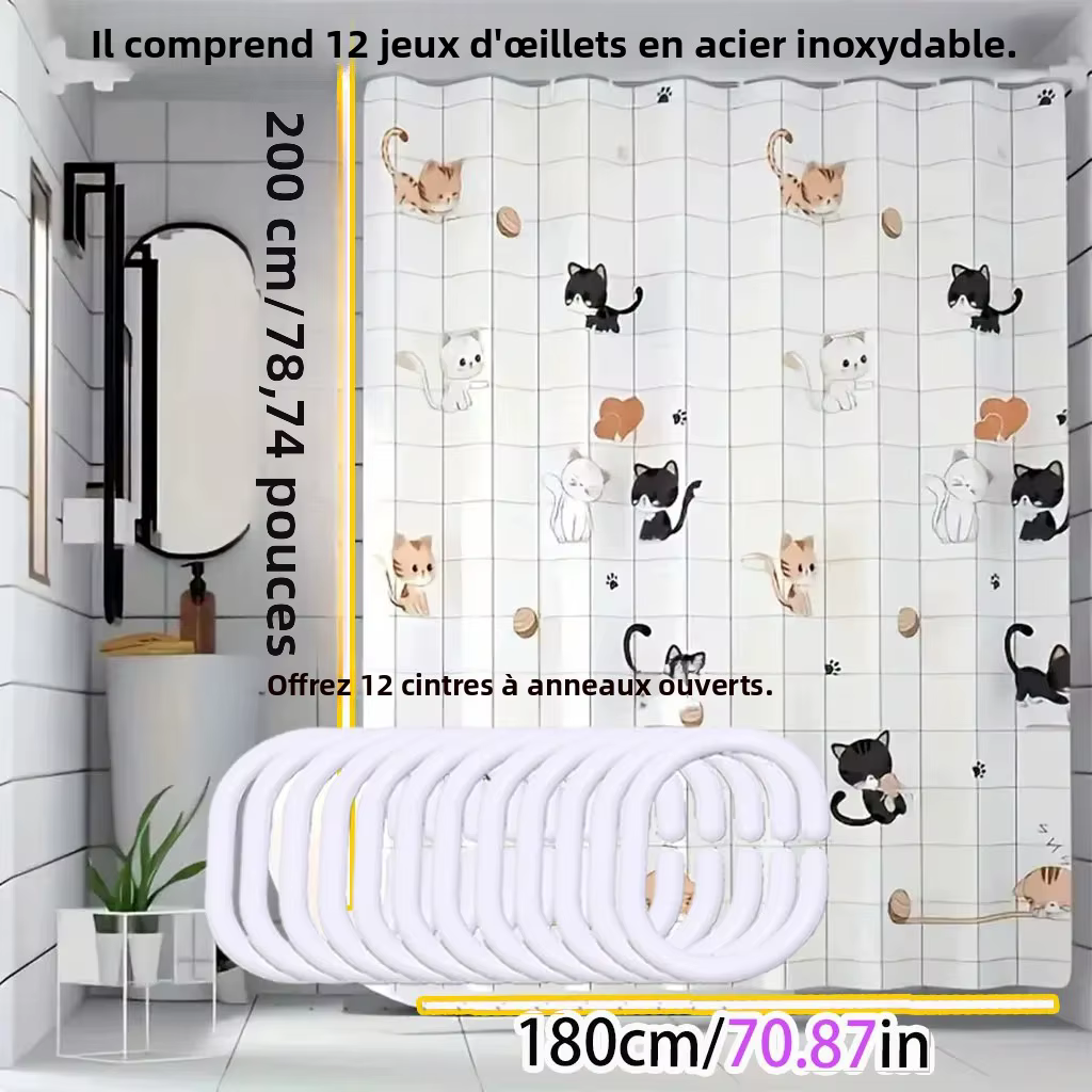 Rideau de douche simple avec motif de chat coquin, facile à nettoyer et à récurer, en matériau PEVA imperméable, léger et opaque