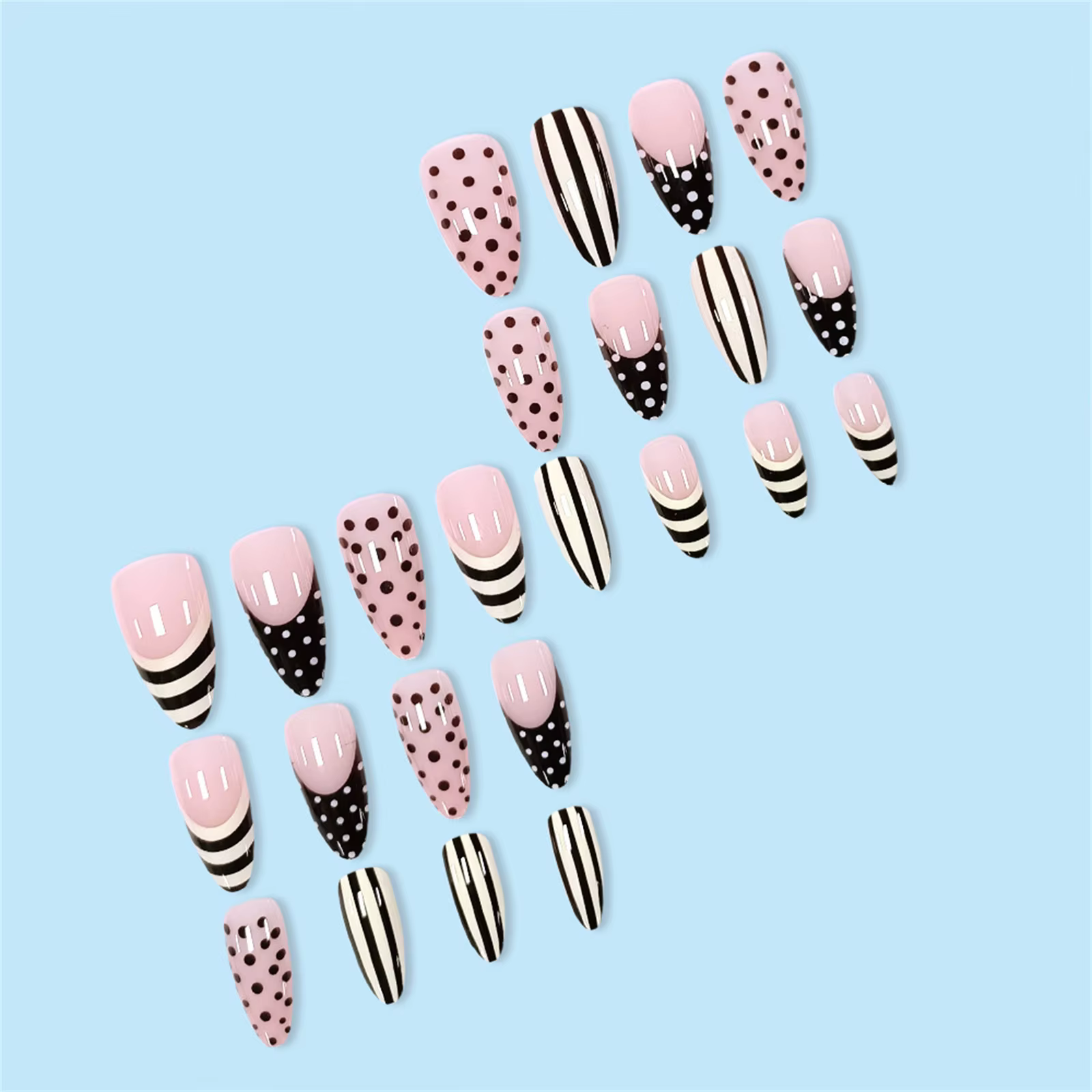 24 faux ongles français INS avec motif à pois noirs et rayures jaunes