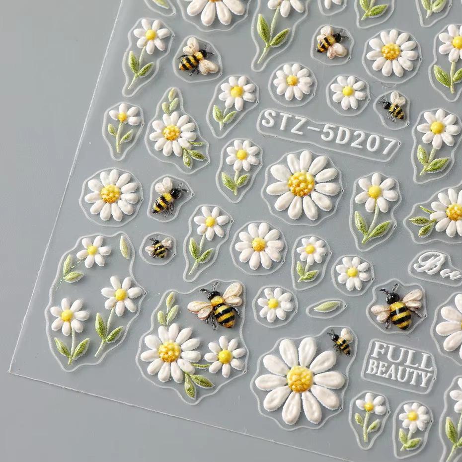 Autocollants pour ongles floraux adorables avec motif abeilles