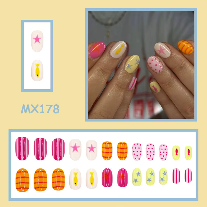 24 faux ongles courts et ronds d'été