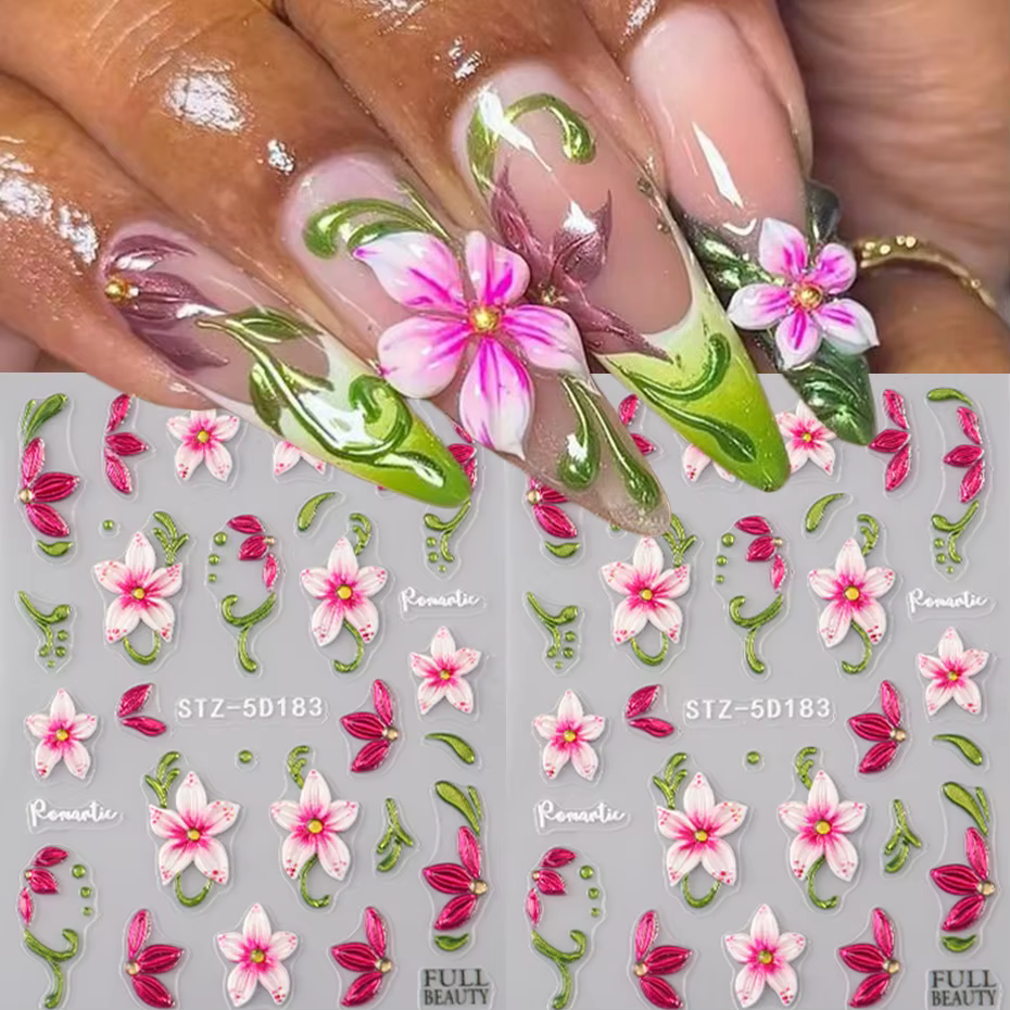 Autocollants pour ongles motif fleur de lys rose - Motifs fleurs roses et feuilles vertes