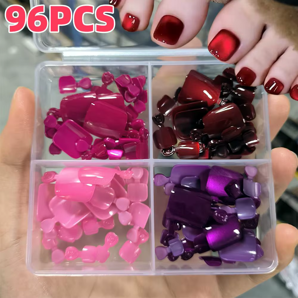 96 pièces 4 couleurs oeil de chat faux ongles courts carrés couverture complète presse