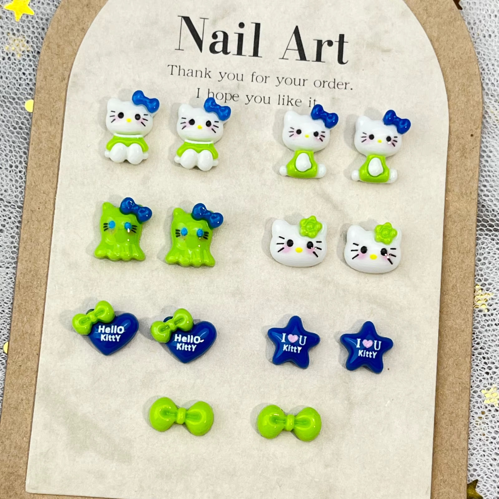 20 pièces adorables ongles Hello Kitty vert KT chat dessin animé accessoires
