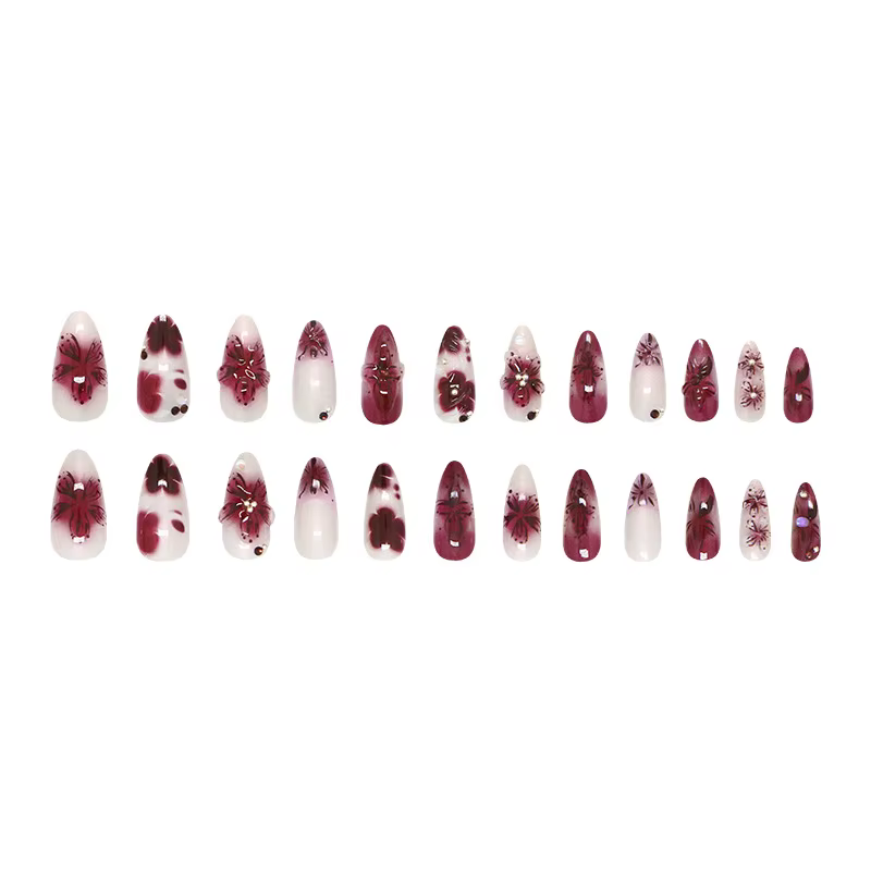 24 pièces fleur impression presse sur ongles vin rouge Blush amande faux