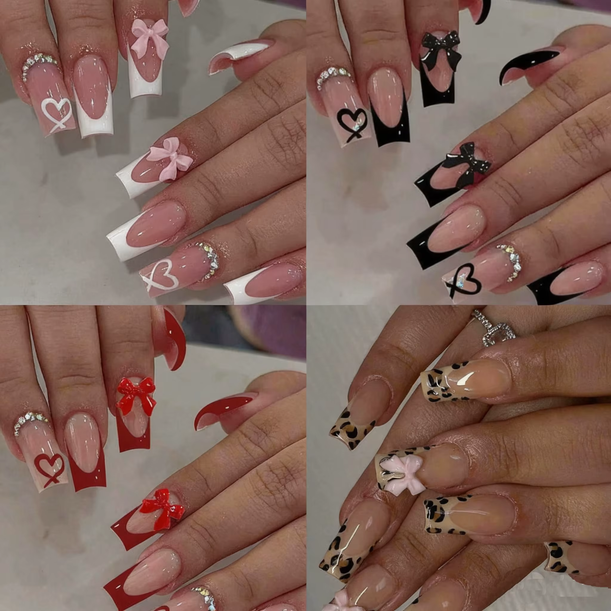 Faux ongles cercueil moyens avec pendentif à nœud 3d