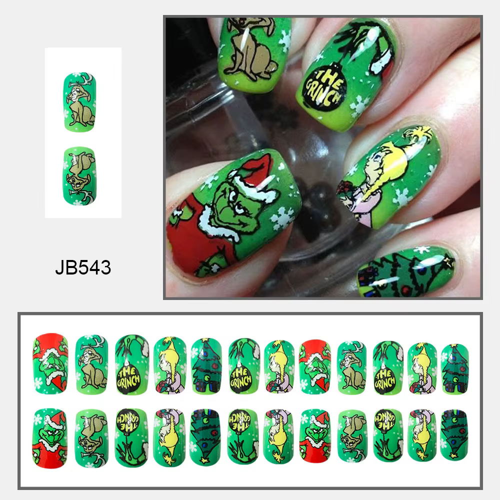 Faux ongles carrés courts à pression de noël monstre vert mignon avec lettres vertes Grinch couverture complète bâton