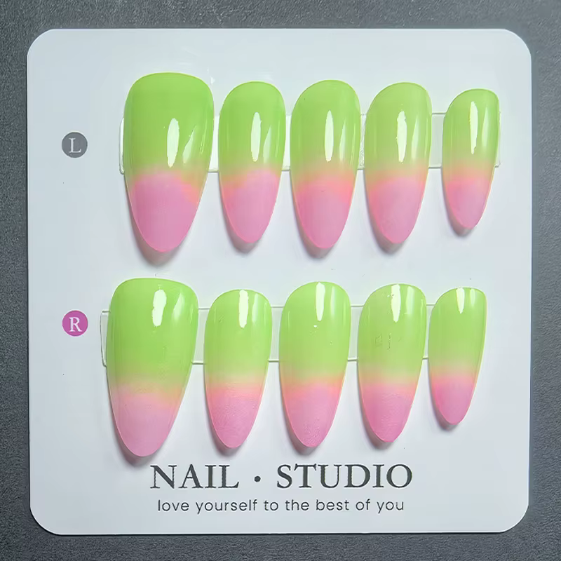 10 faux ongles en amande faits à la main, dégradé rose guava, en acrylique, brillants, pour manucure en gel, pour femmes