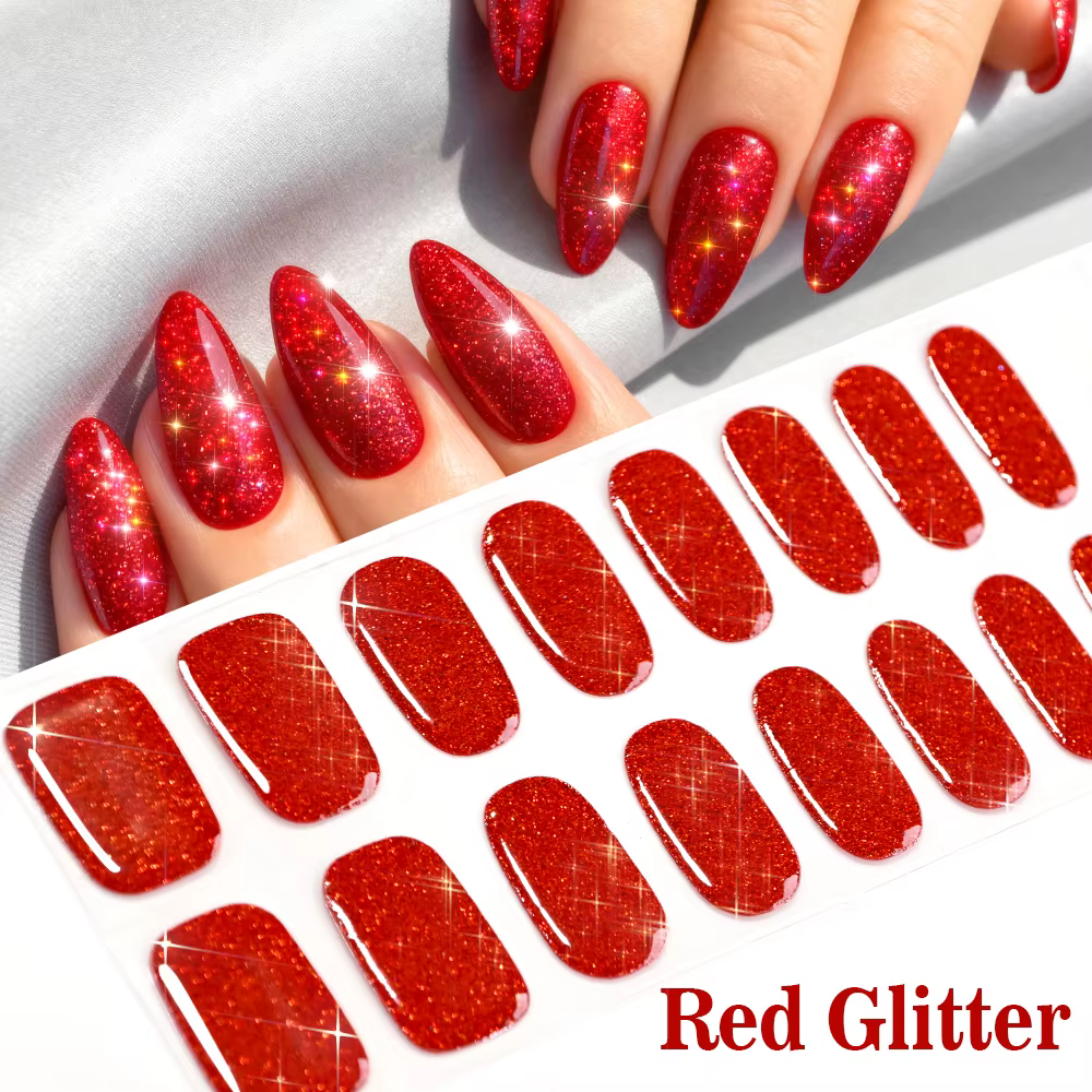Autocollants pour ongles en Gel à paillettes rouges de noël