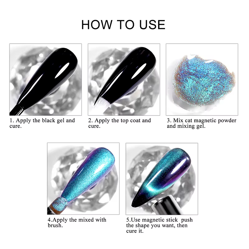 Poudre à ongles magnétique réfléchissante noir bleu caméléon paillettes poussière métallique Chrome brillant Pigment Nail Art manucure décoration bricolage