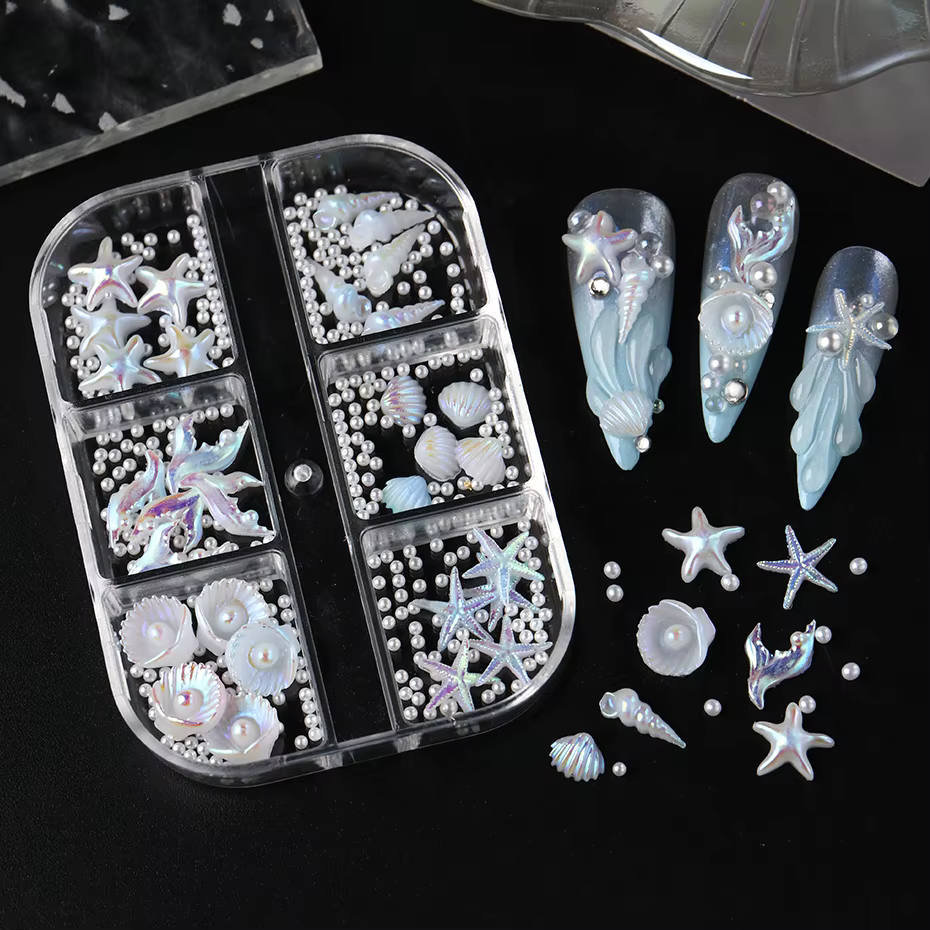 6 grilles de breloques pour ongles en forme de coquillages nacrés