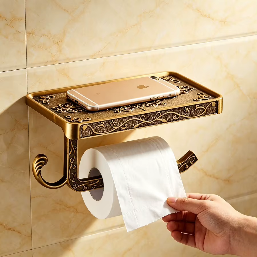 Support de papier toilette et de téléphone portable en bronze sculpté, style antique vintage, pour salle de bain, accessoire de rangement