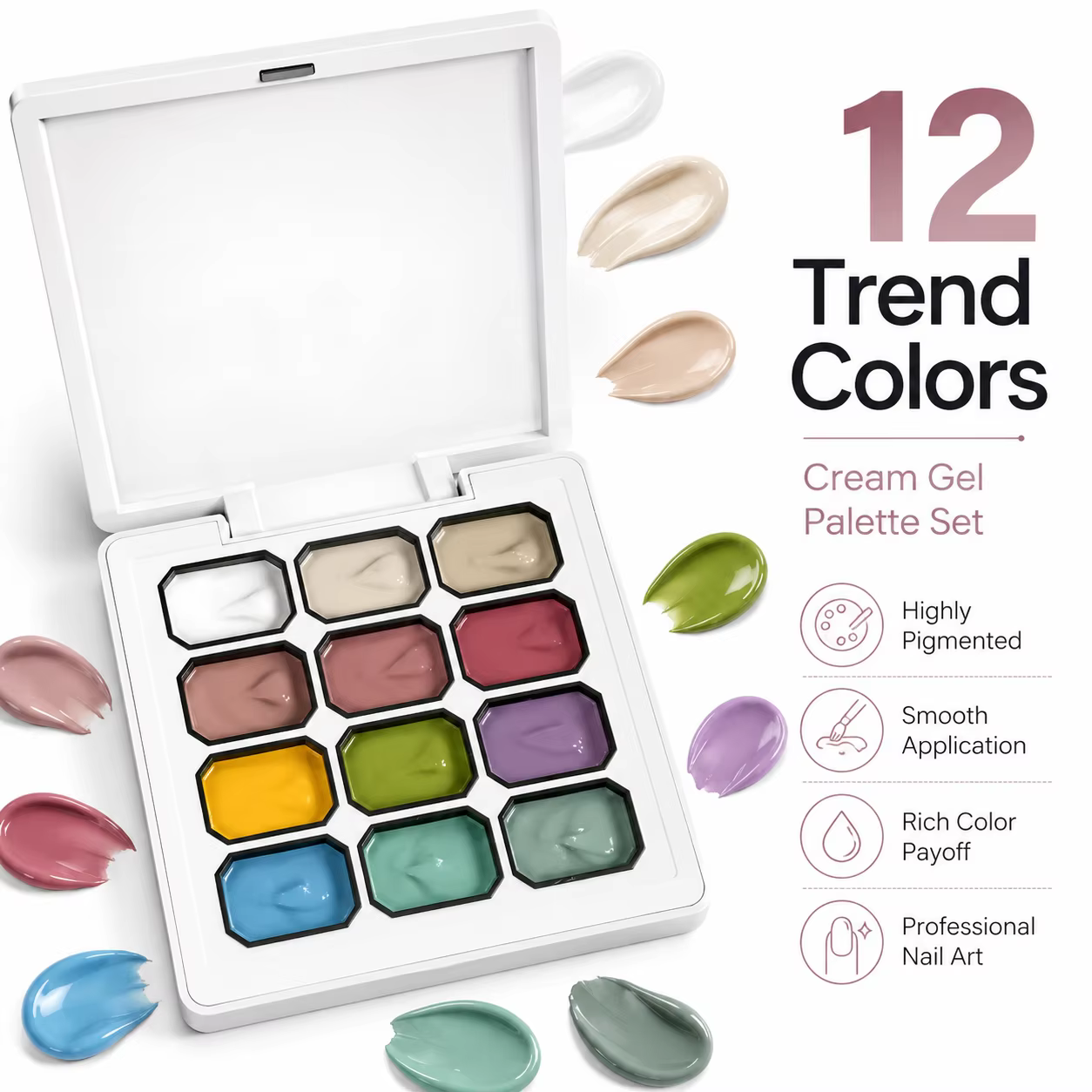 Palette de crème gel pour nail art en 12 couleurs | Peinture gel UV hautement pigmentée pour la décoration des ongles |