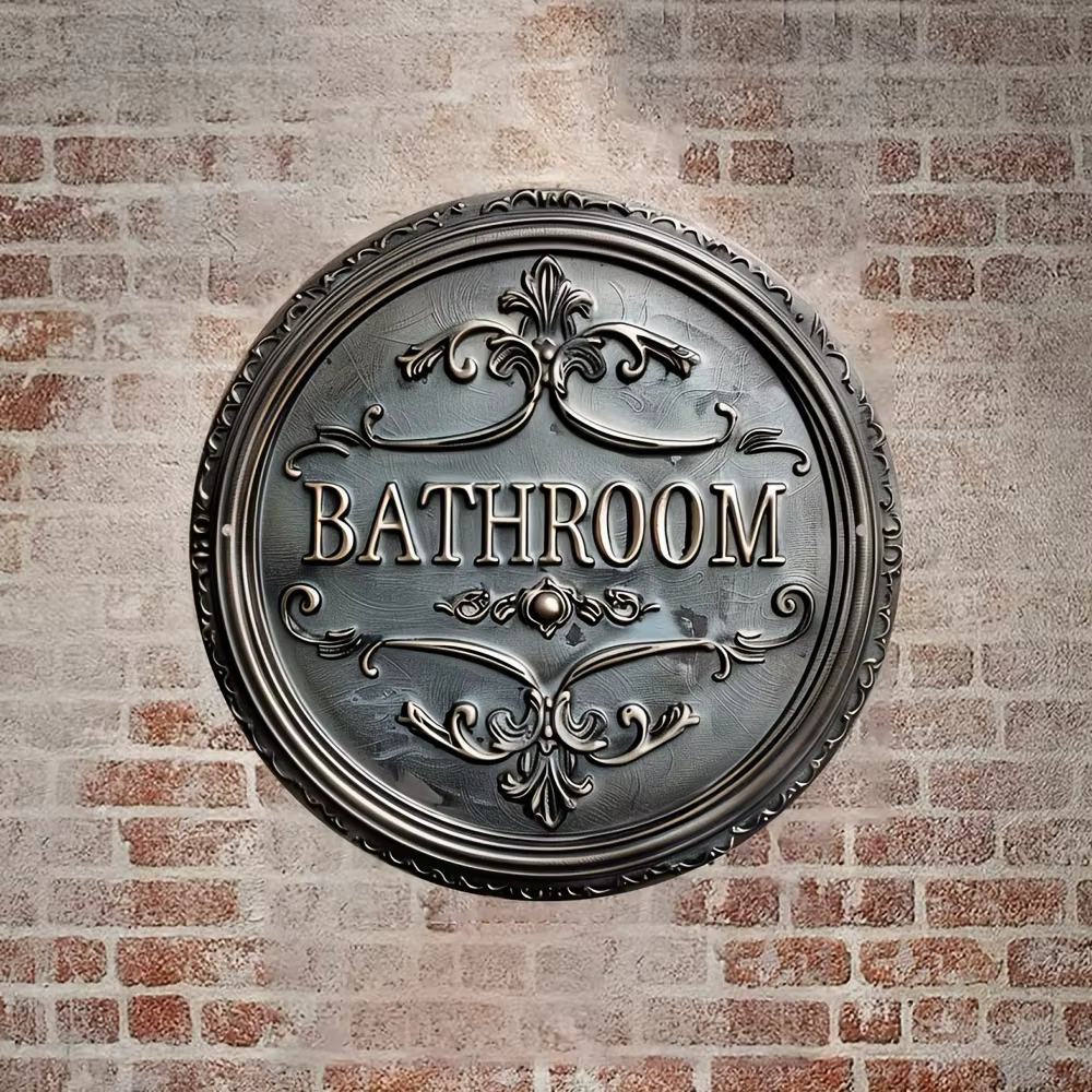 Panneau décoratif de salle de bain de style vintage, 1 plaque métallique ronde 2D, design mural classique, décoration polyvalente pour porte