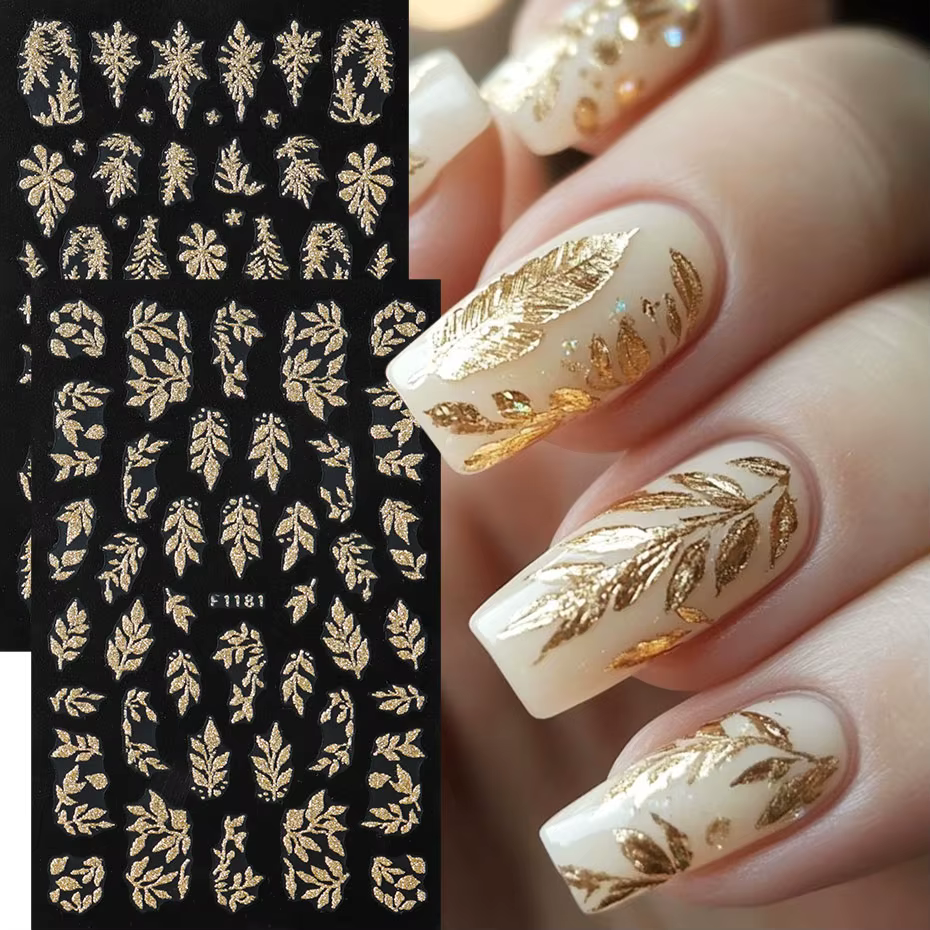 Autocollants pour ongles en forme de feuilles dorées scintillantes
