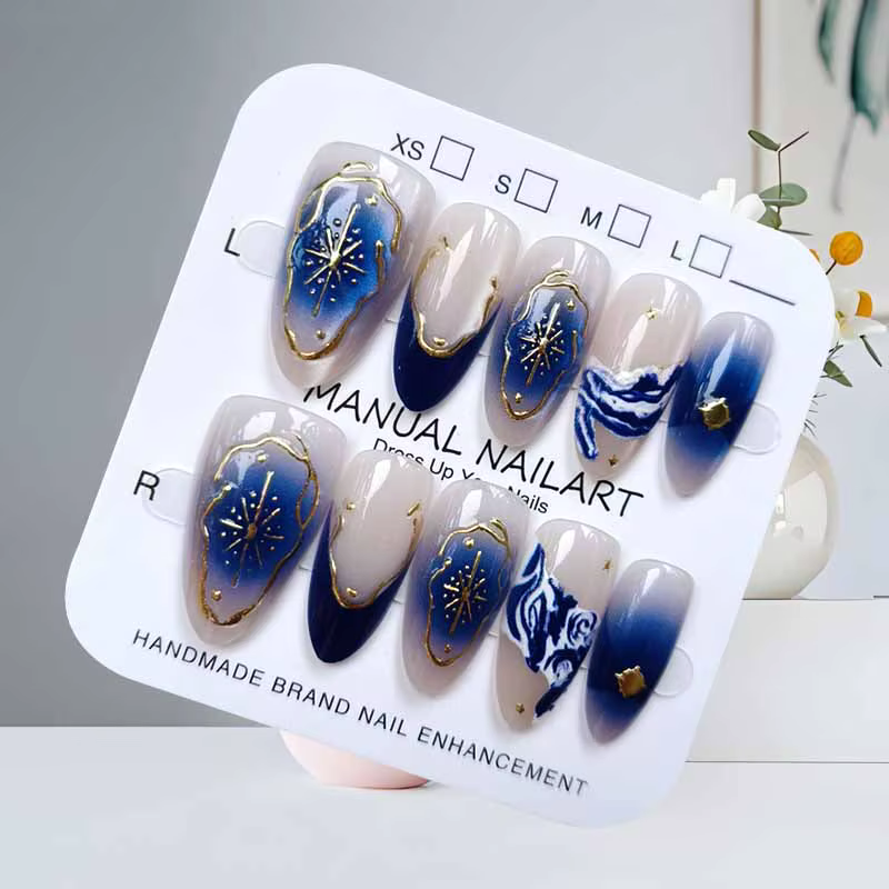 10 pièces bleu océan royaume Secret Style français amande forme doré faux ongles presse