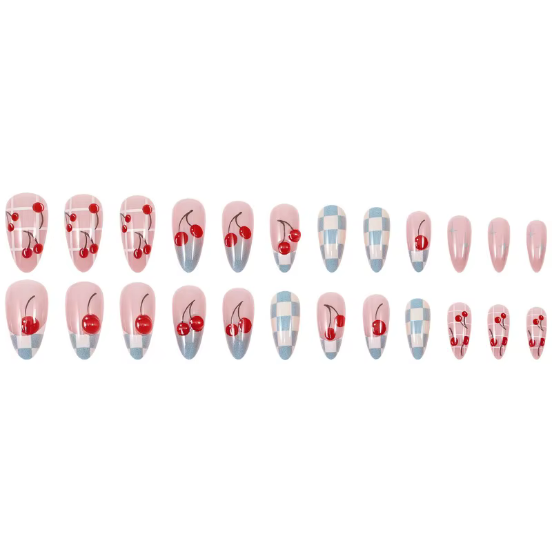 Faux ongles à presser bleus à carreaux style cerise française