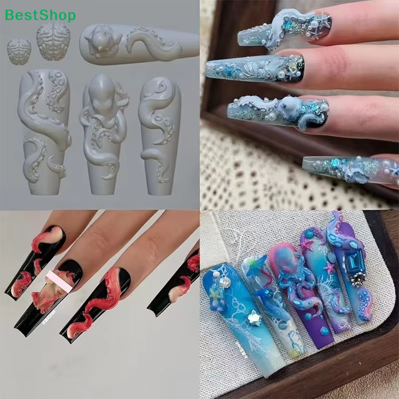 〔R〕Moules en silicone 3D pour nail art - Moules en forme de pieuvre/fraise/poupée pour la création de motifs en résine/vernis gel pour manucure