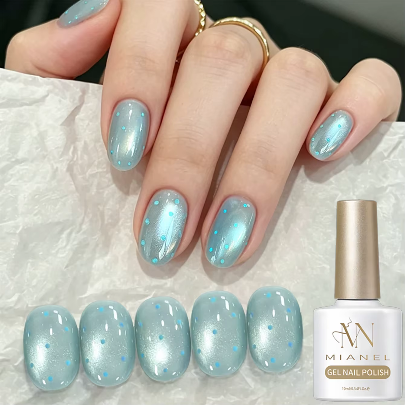 MIANEL Été 2026 Vernis à ongles gel effet œil de chat bleu glace transparent avec perles de verre Manucure professionnelle Collection Ice Sand Lake