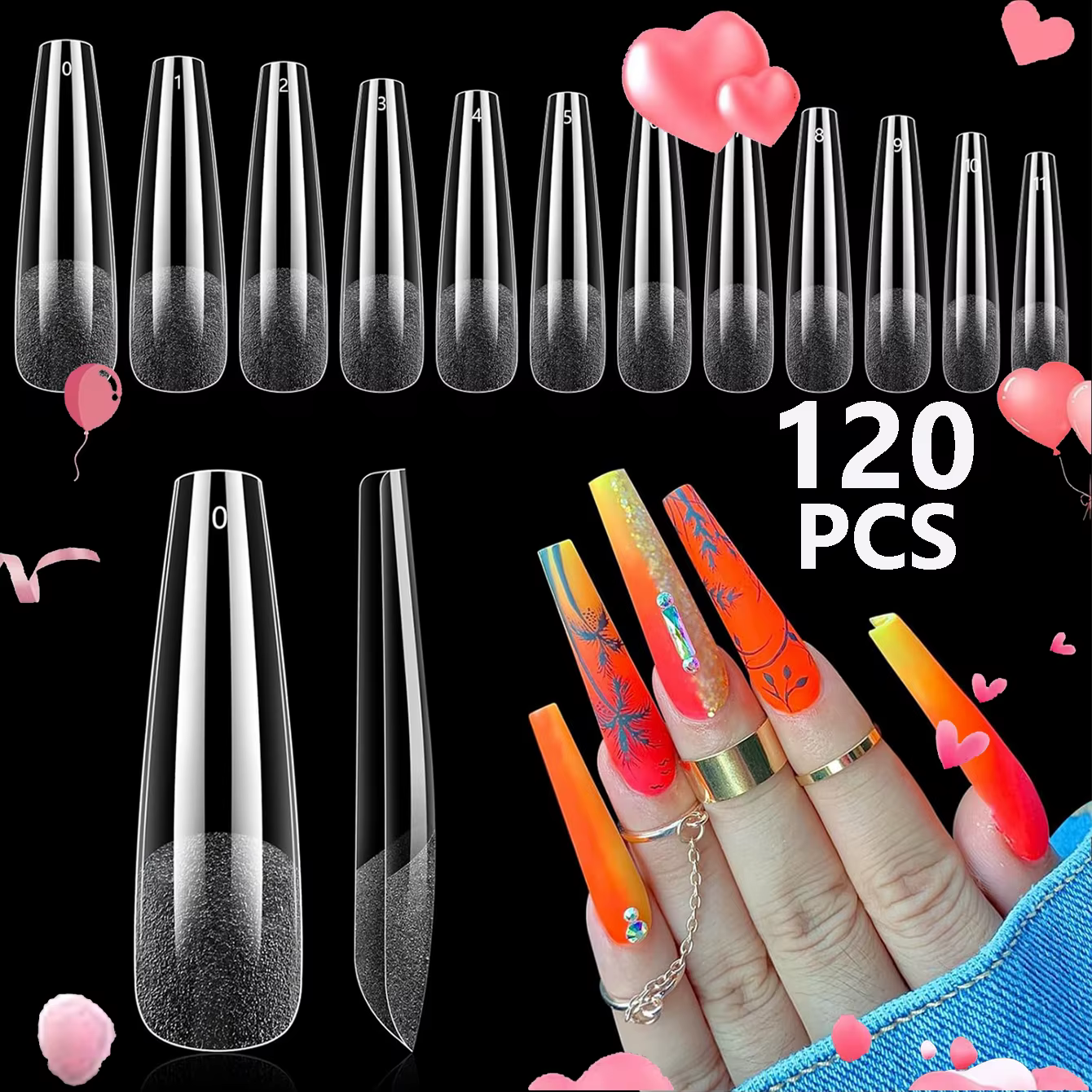 120 pièces faux ongles semi-givré clair cercueil