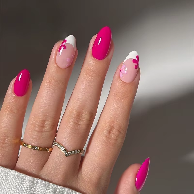 24 faux ongles courts ovales, motifs floraux colorés, à porter sur les doigts, en forme d'amande, à presser, pour femmes