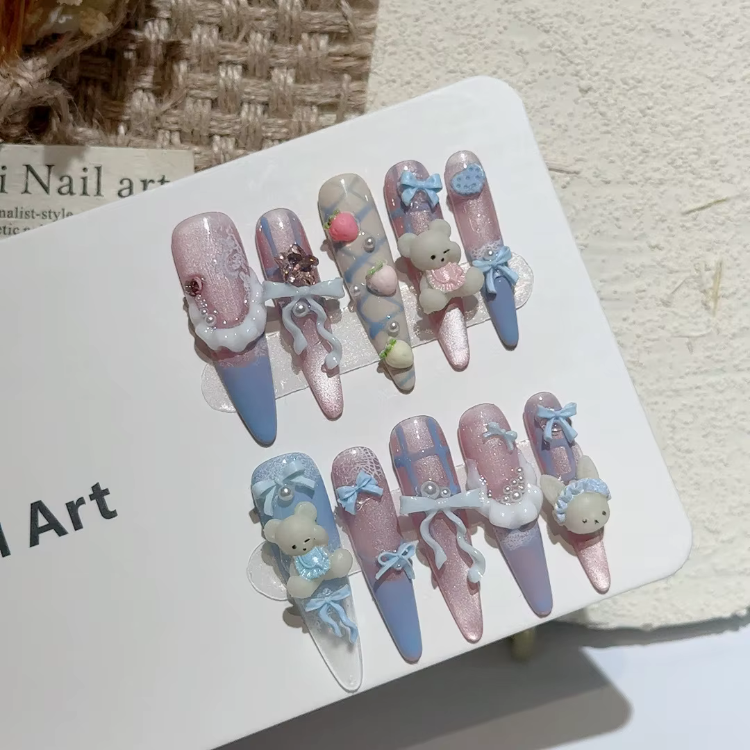 10 pièces pouding petit ours presse sur ongles à la main mignon bleu Style français nœuds papillon doux faux