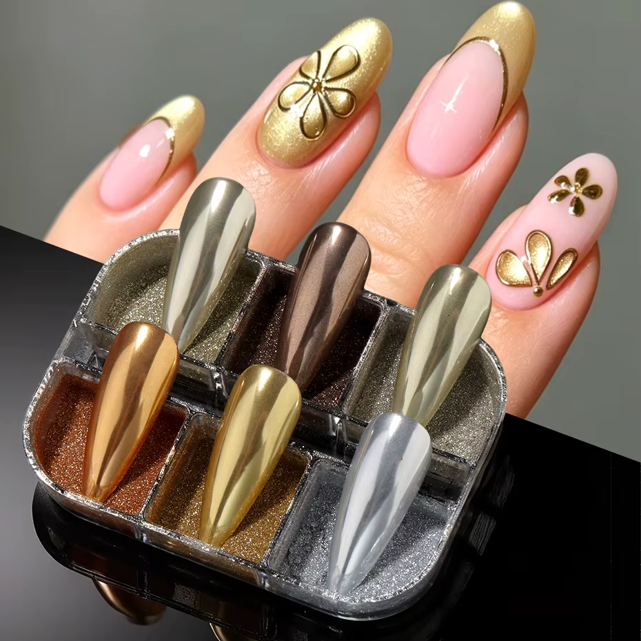 Poudre à ongles chromée or 6 couleurs