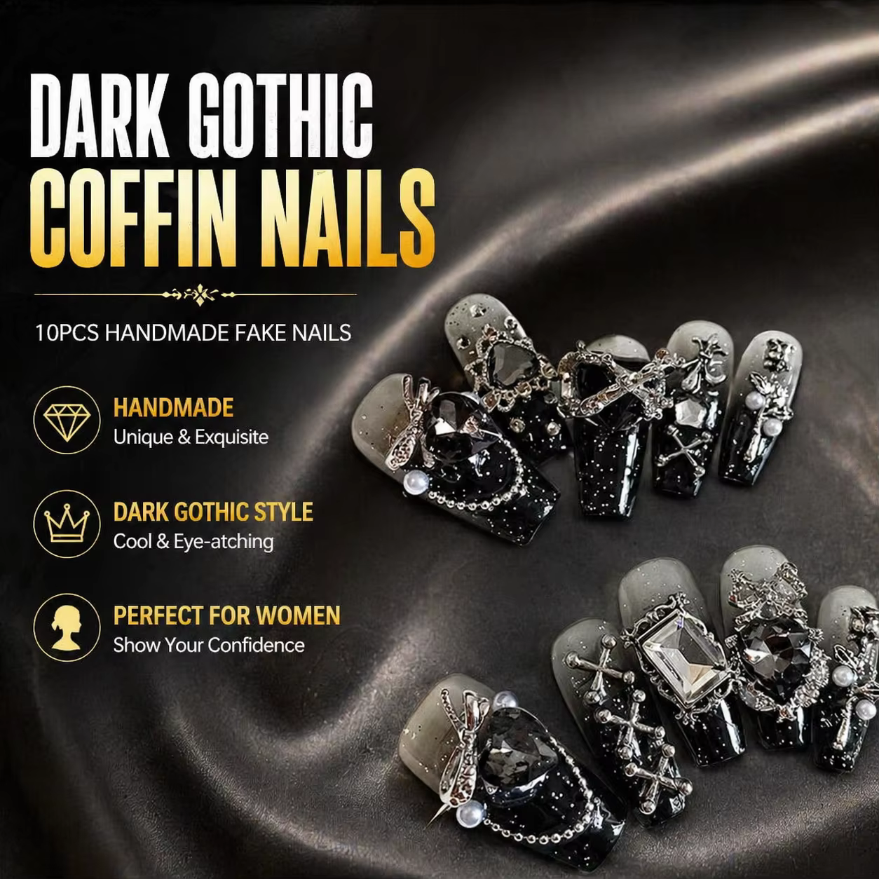 10 pièces de faux ongles faits à la main en forme de cercueil