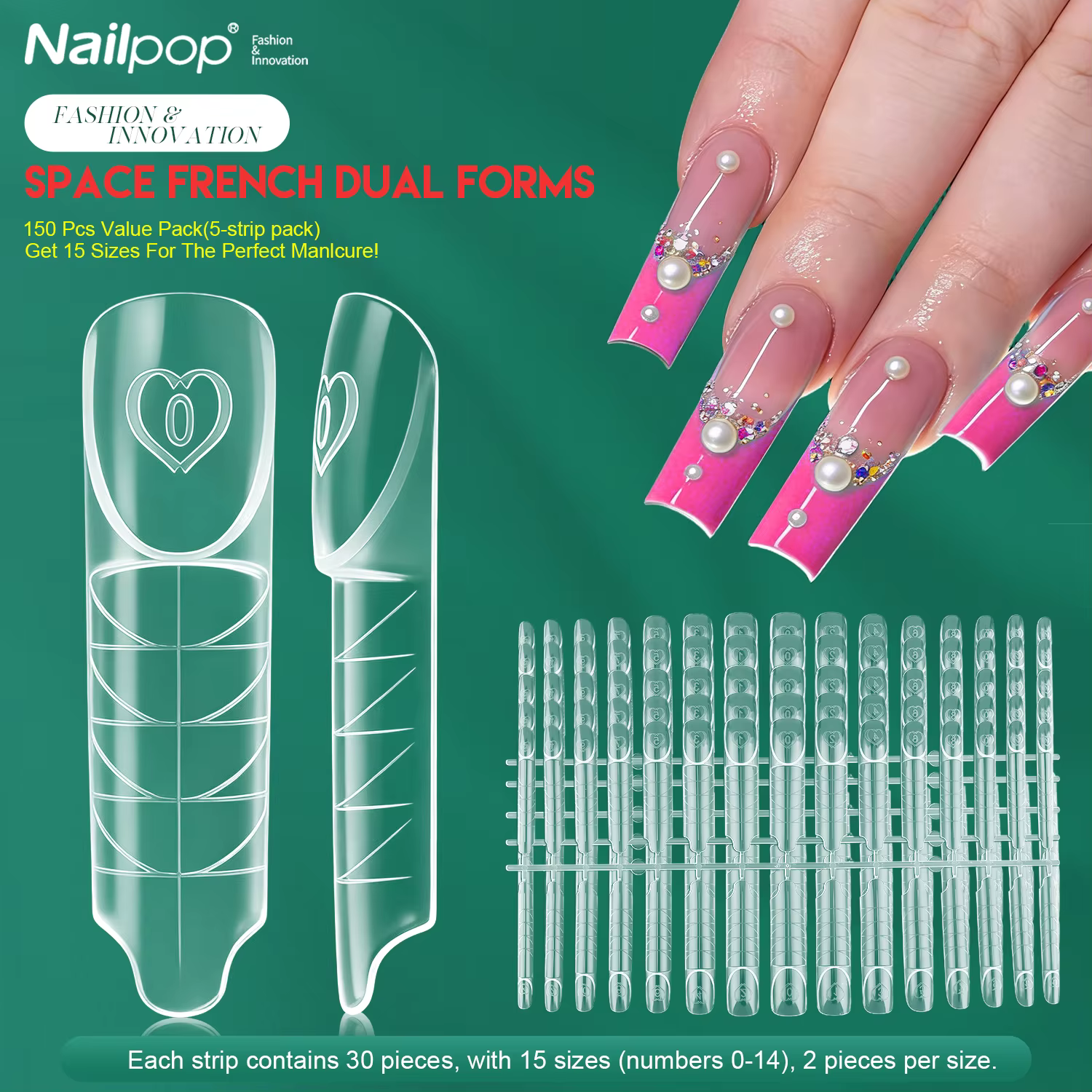 Nailpop Space French Dual Forms 15 Tailles 60/150 Pièces Transparents Réutilisables pour Extension d'Ongles en Gel