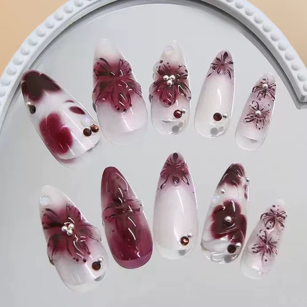 24 pièces perles fleur ongles conseils couleur foncée Design français Nail Art presse