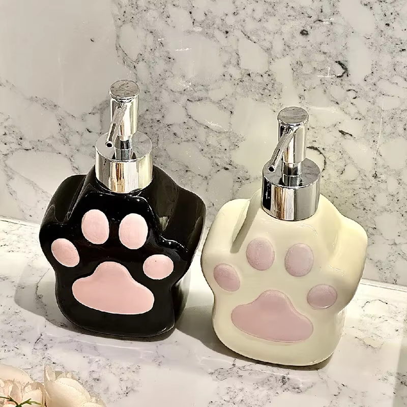 Bouteille en céramique avec motif de patte de chat mignon, accessoire de savon pour lavage des mains, gel douche, shampoing, presse, 80,bouteille