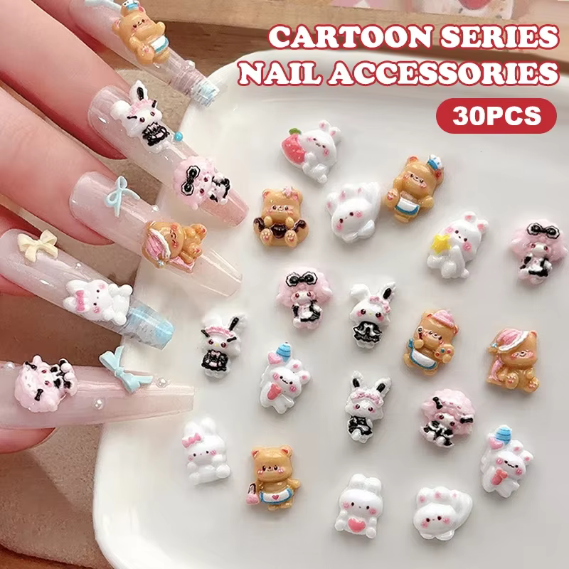 30 pièces dessin animé lapin Nail Art charme 3D couleur bonbon résine