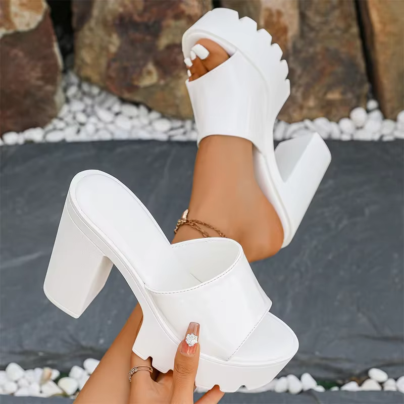 Sandales à talons très hauts en cuir verni rouge bordeaux pour femme, mules à plateforme épaisse à enfiler, collection été 2026, grandes tailles