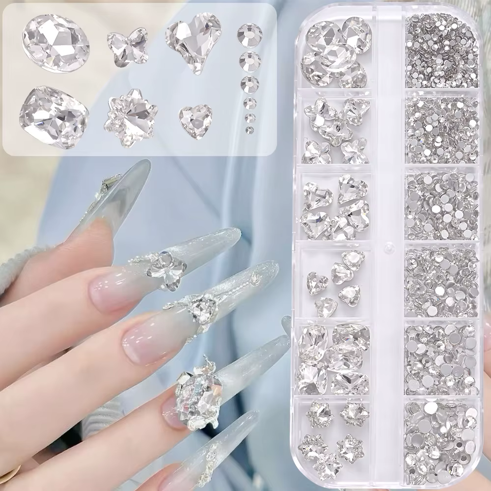 1 boîte de strass 3D transparents pour Nail Art