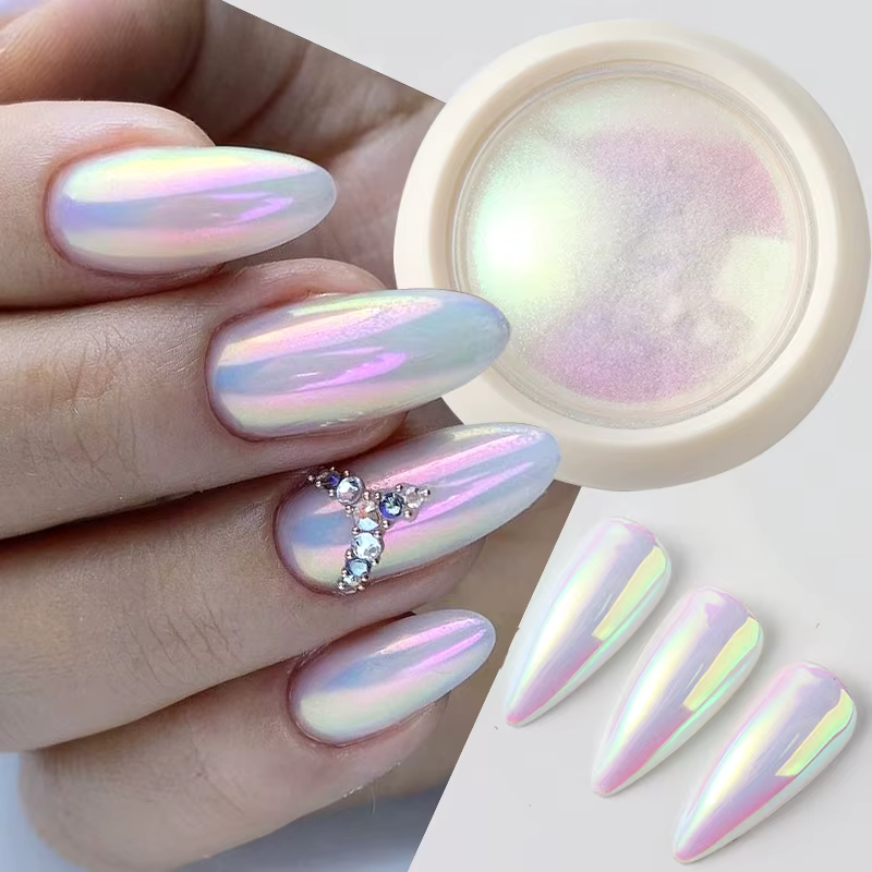 Poudre à ongles chromée sirène irisée