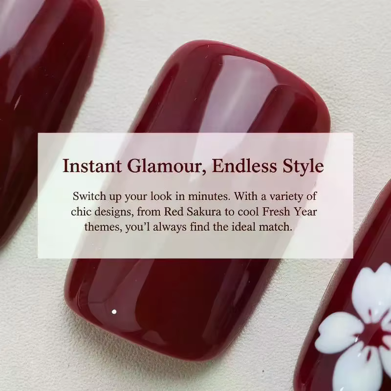 30 faux ongles rouges à bout français avec fleurs