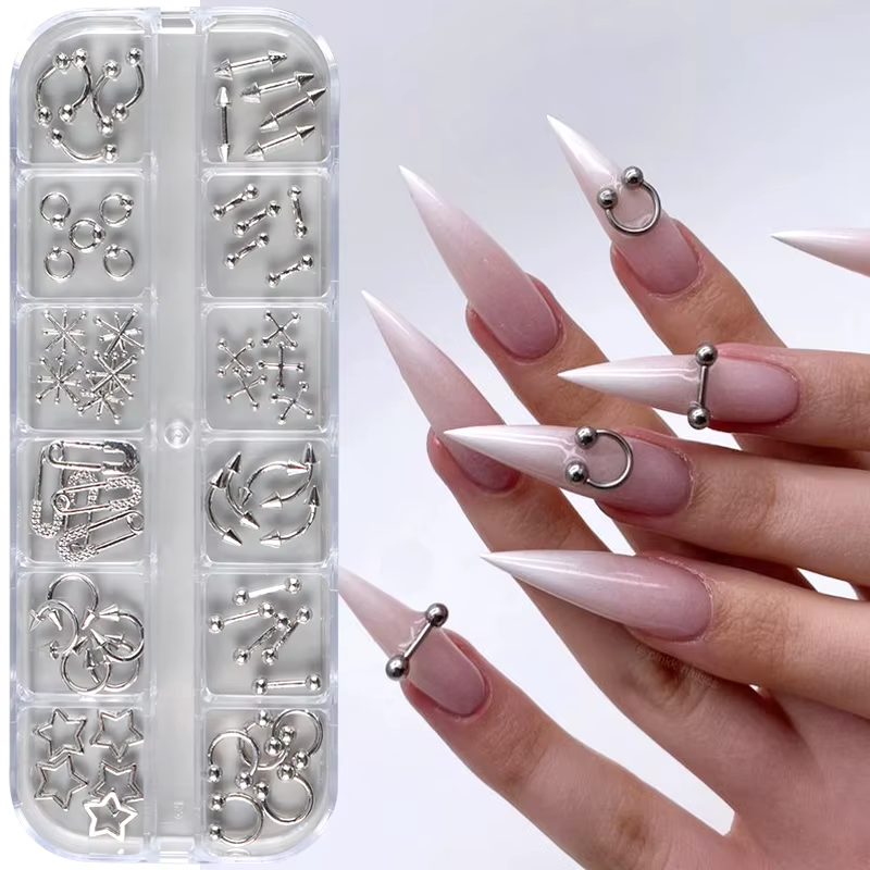 12 grilles Goth Punk ongles breloques goujons Y2K Piercing conceptions métallique argenté