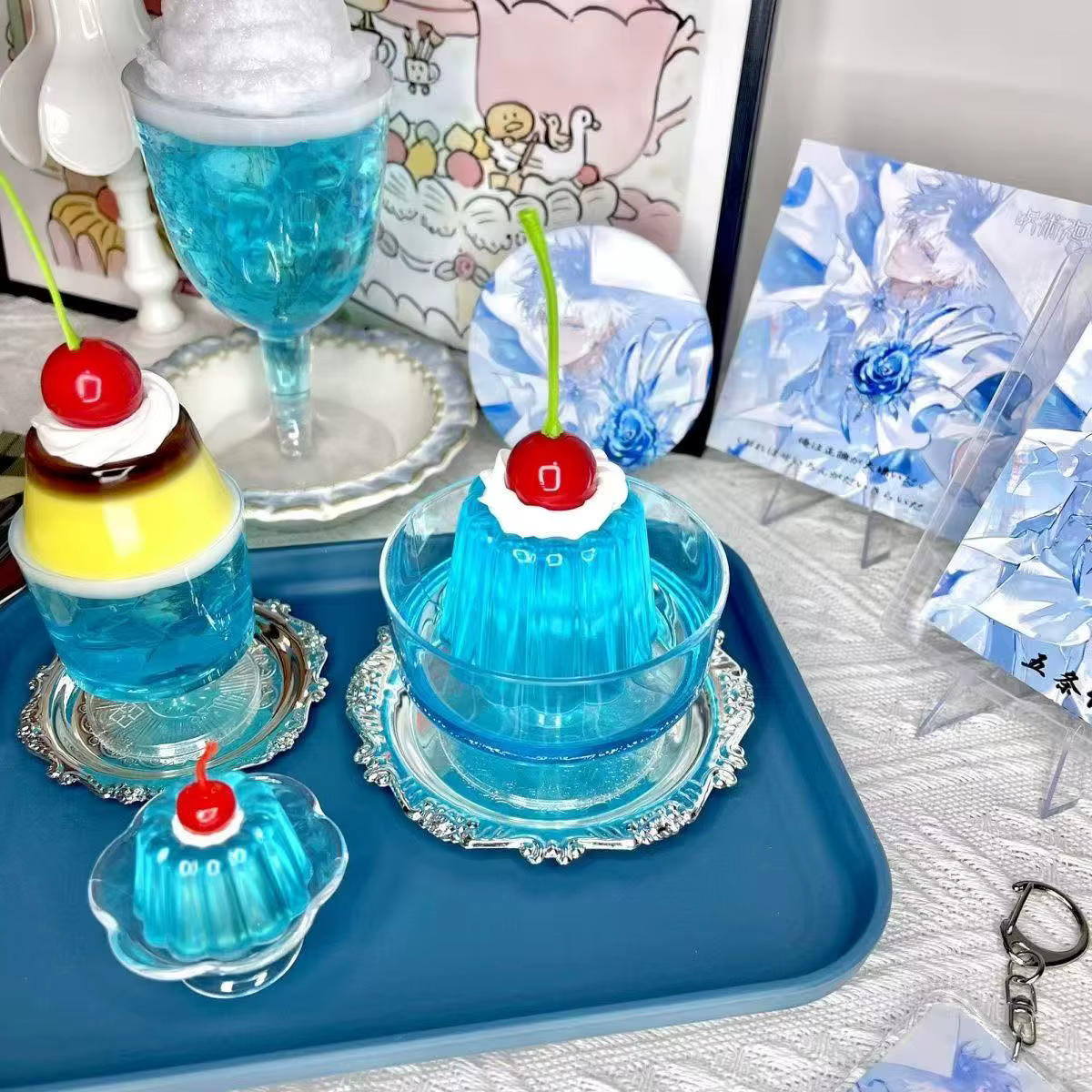 Accessoires photo de pudding simulé, Gumei Blue Bubble Fruit Jelly Pudding, dessert pour fille, décoration de chambre mignonne, ornement, accessoires de décoration, cadeau