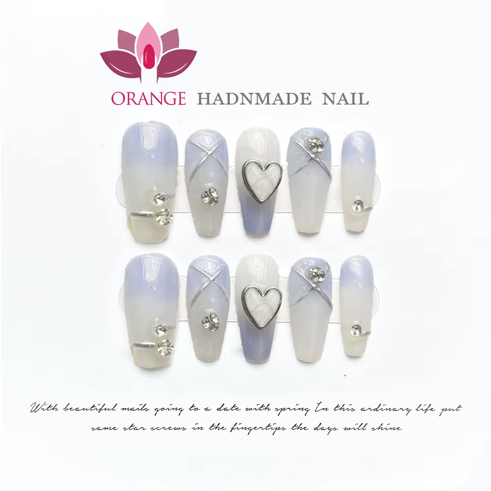 Faux ongles bleus faits à la main, longueur moyenne, à pression, avec couverture complète conçue, manucure en amande, magasin d'ongles orange portables