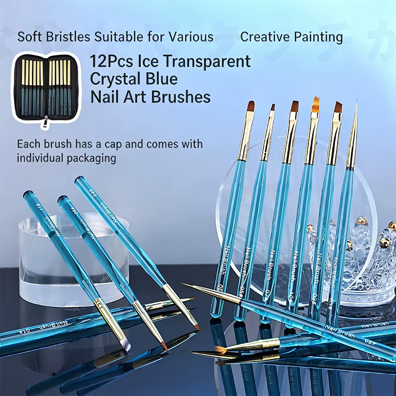 Ensemble de 12 pinceaux à ongles bleu cristal