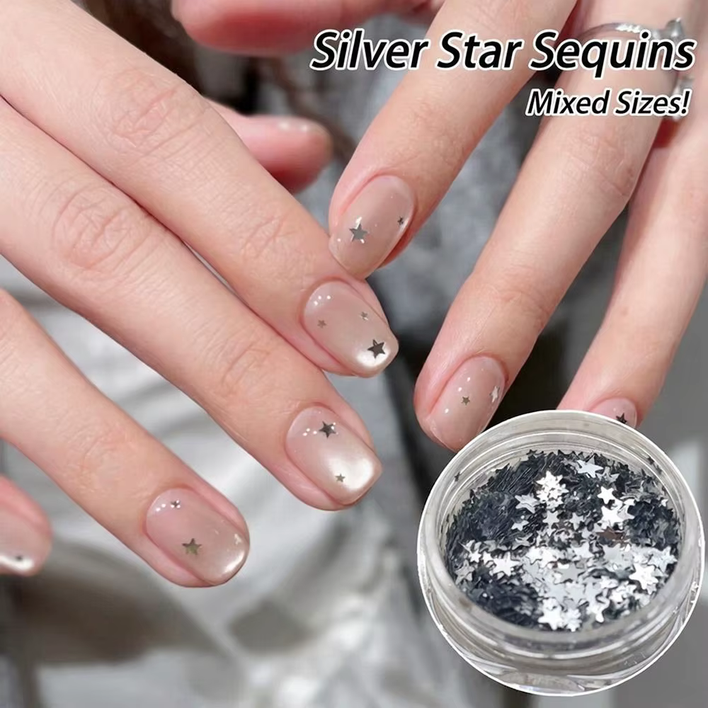 1 boîte de paillettes 3D argentées en forme d'étoile pour nail art