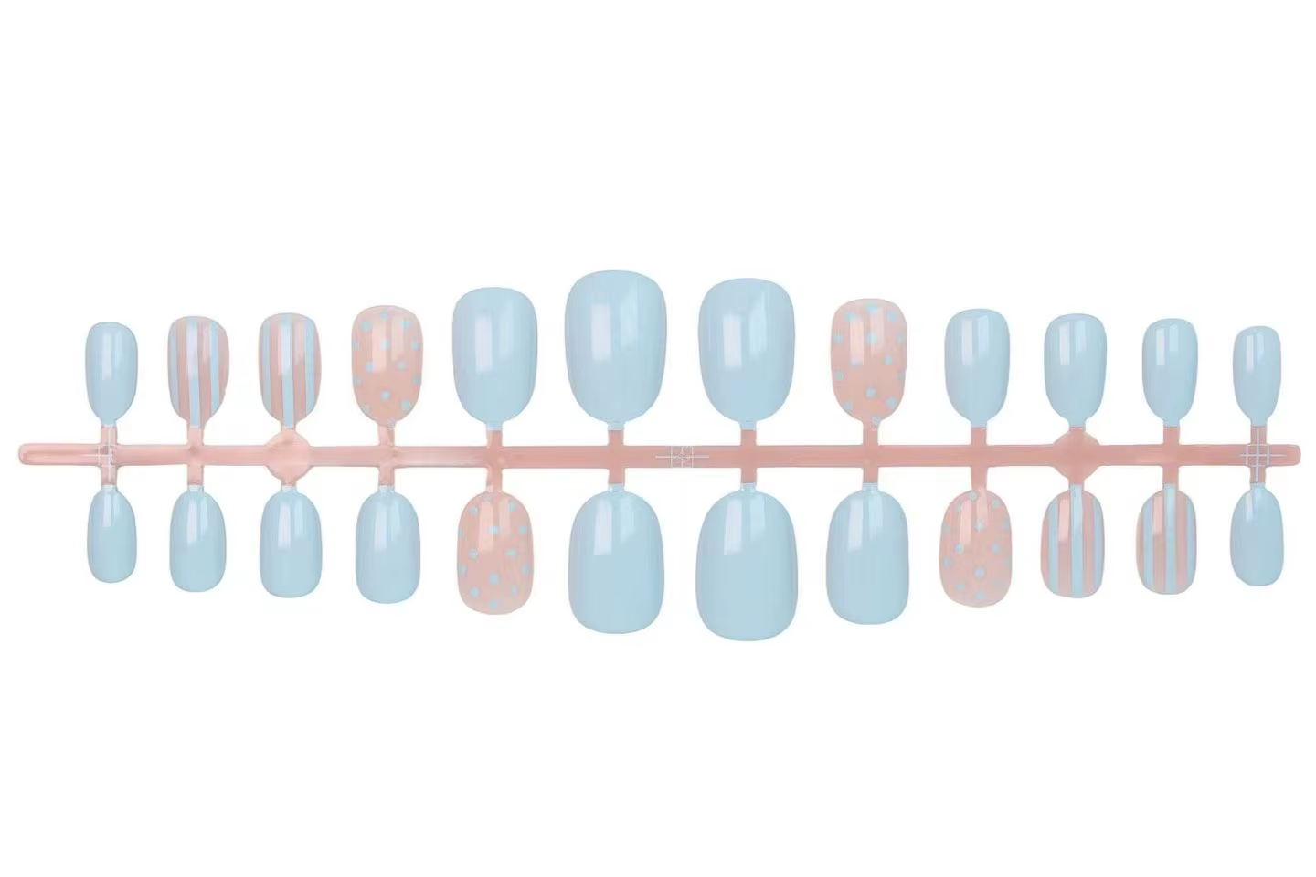 24 faux ongles carrés courts bleu clair et rose avec des rayures blanches en forme de points