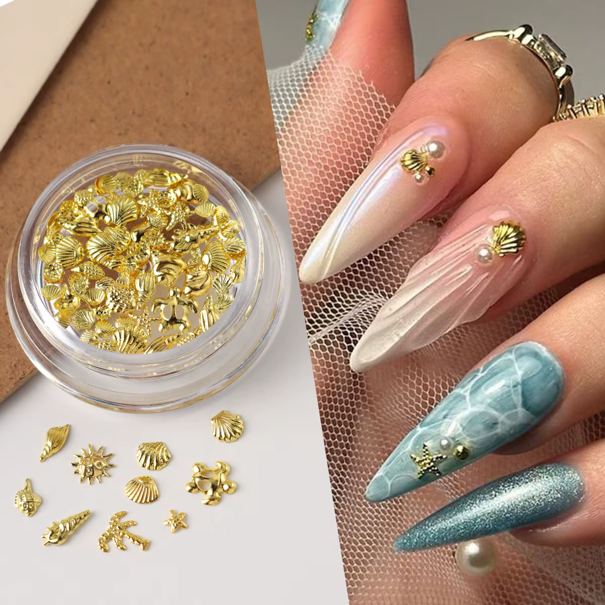 1 Boîte de Décorations Métalliques pour Ongles Thème Océan Doré – Coquillages