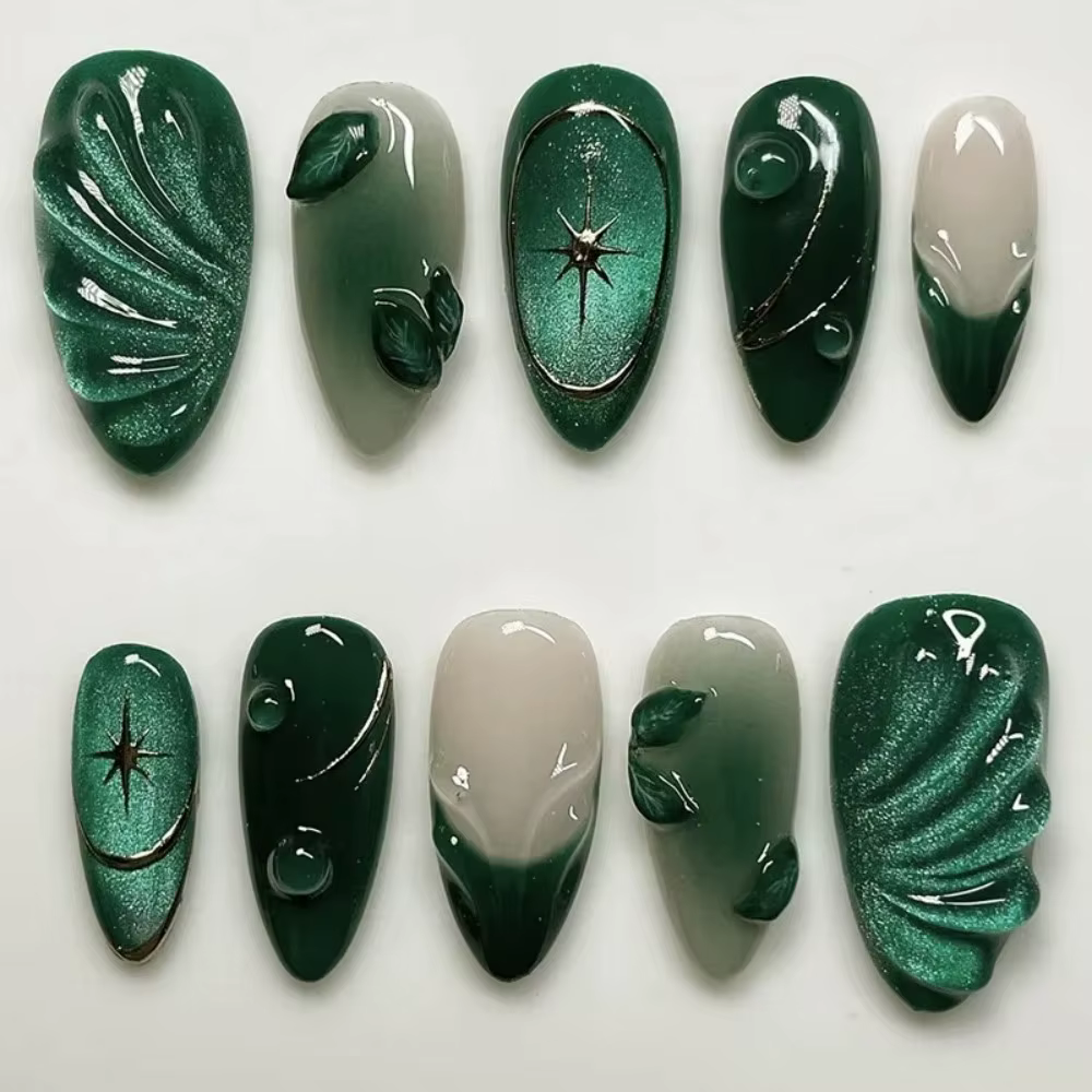 24 faux ongles 3D vert motif vague