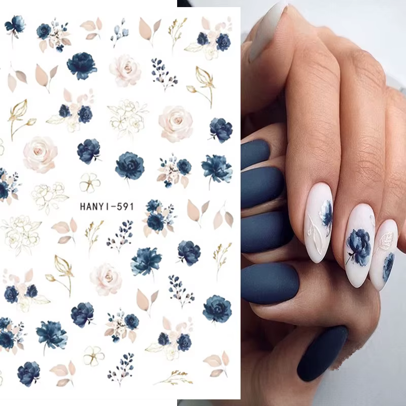 3d Nail Art décalcomanies élégant blanc RoyalBlue Roses fleurs adhésif curseurs ongles autocollants décoration pour