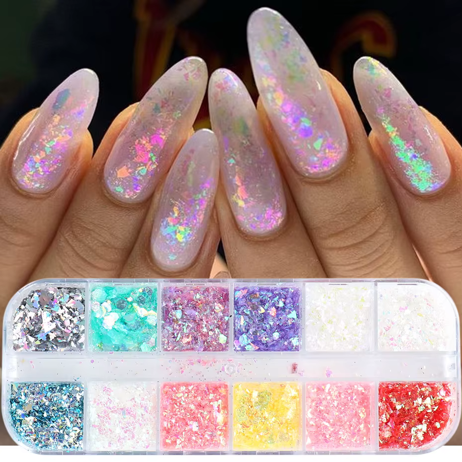 12 grilles 3D flocons Aurora ongles paillettes