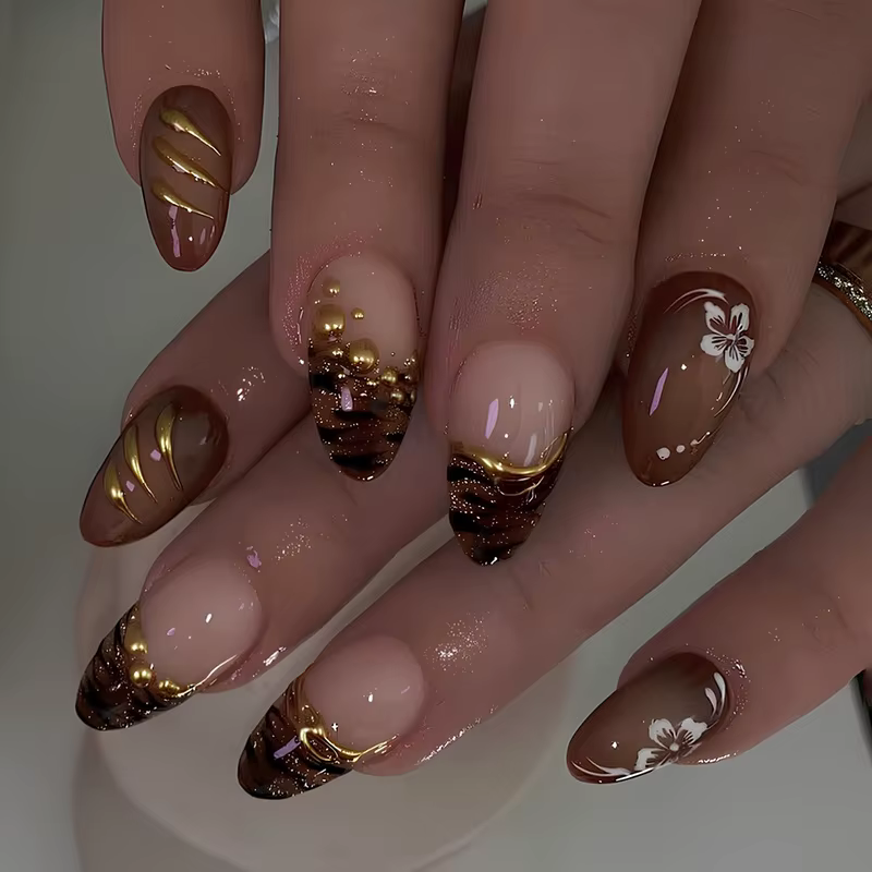 10 pièces automne hiver court amande faux ongles imprimé Animal presse