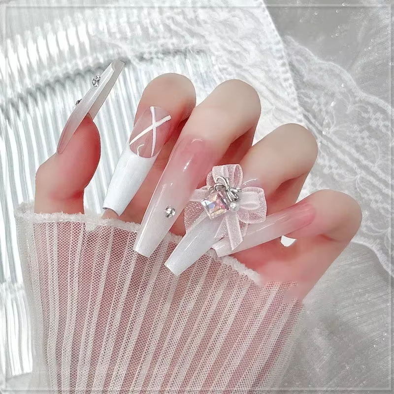 5 pièces 3D Organza arc Nail Art strass accessoires blanc rose arc carré goutte d'eau diamant
